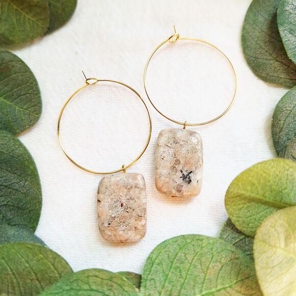 Natural Jasper Stone Gold Hoops, Minimalist Boho Hoop Earrings, Glam Hoops - Picture 1 of 8